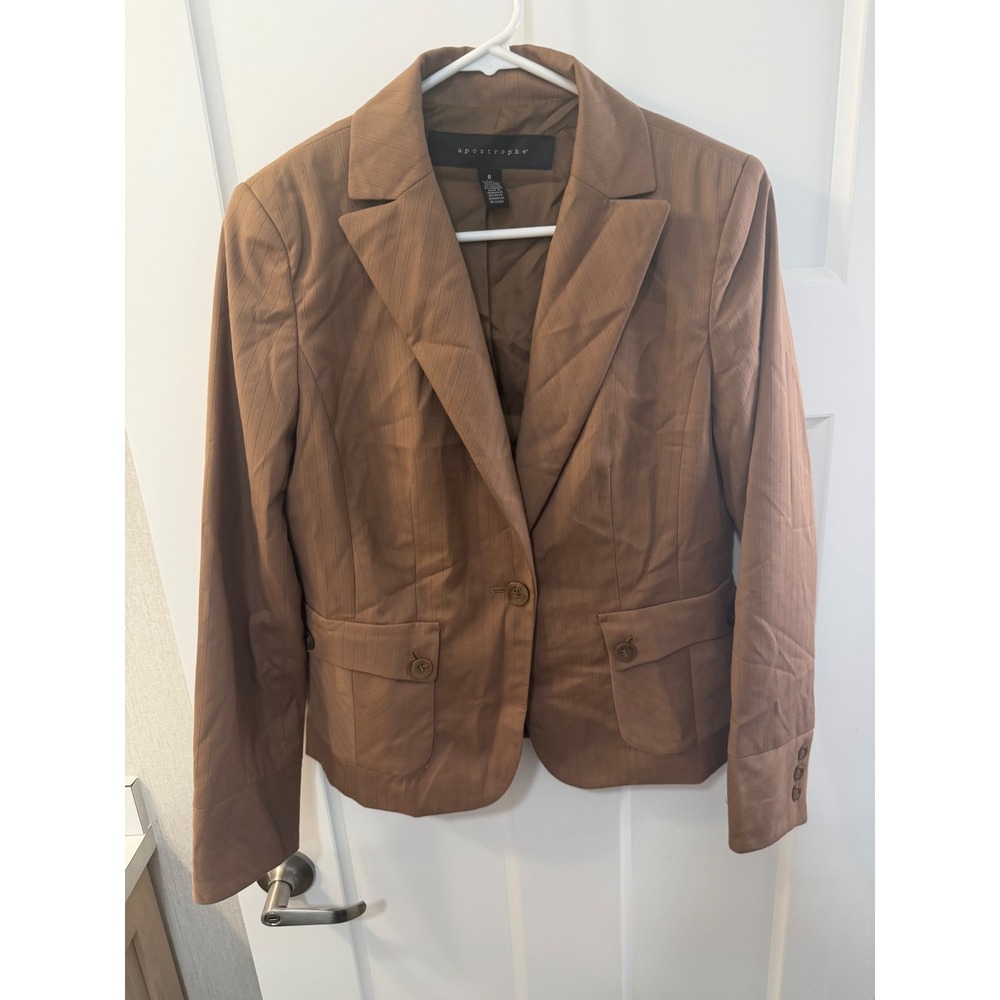 Apostrophe Womens Brown Pinstripe Single Button Blazer Jacket Size 8 Office Wear